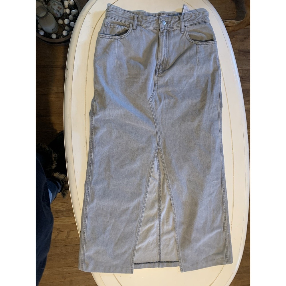 ZARA TRF Mid Waist Denim Maxi Midi Skirt Sz Small Light Wash Gray Front Slit